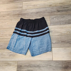 Kirkland mens blue and black striped swim shorts